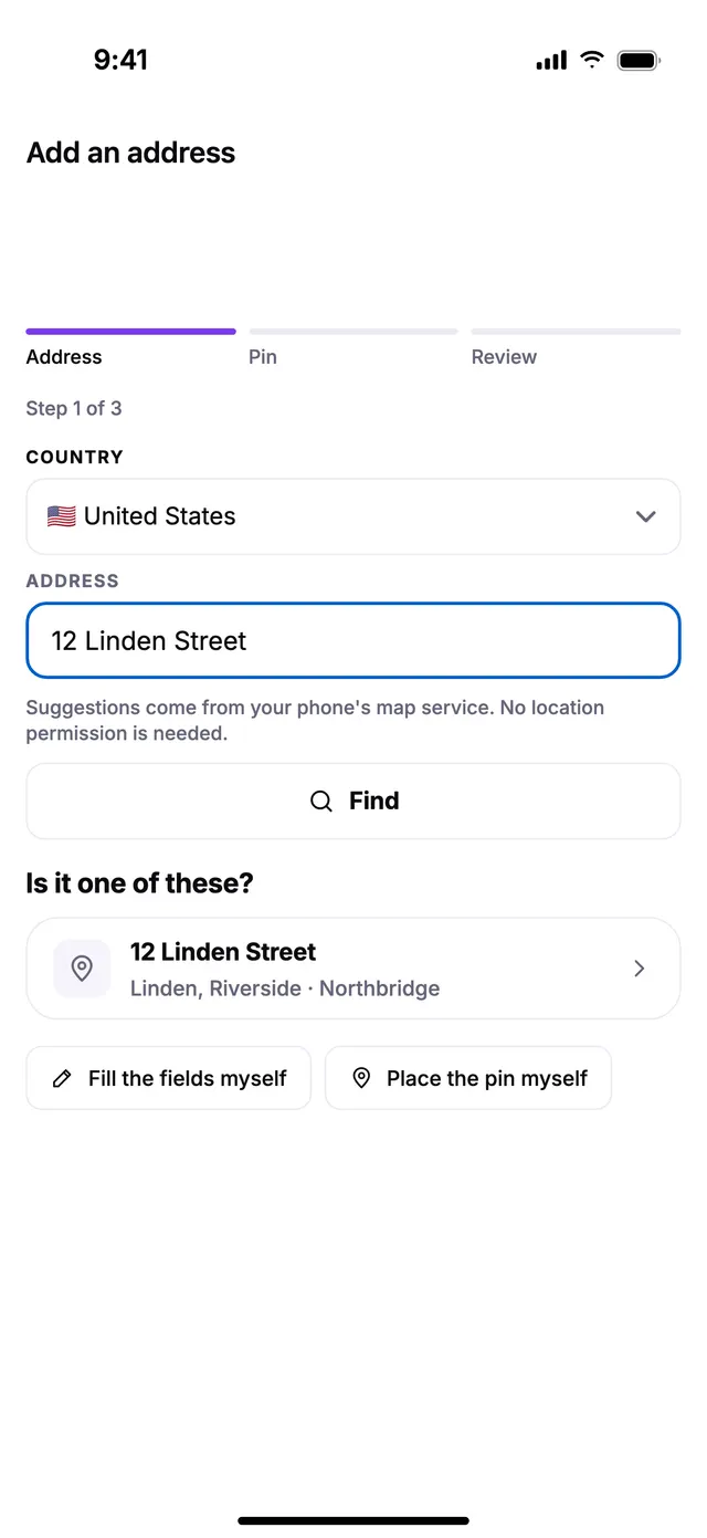 Adding an address: the street and number, then the pin on the door.