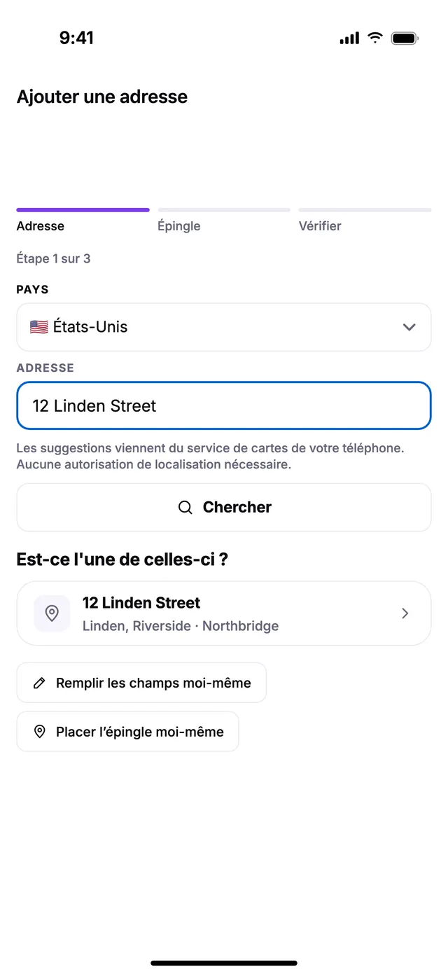 Ajout d’une adresse : la rue et le numéro, puis l’épingle sur la porte.
