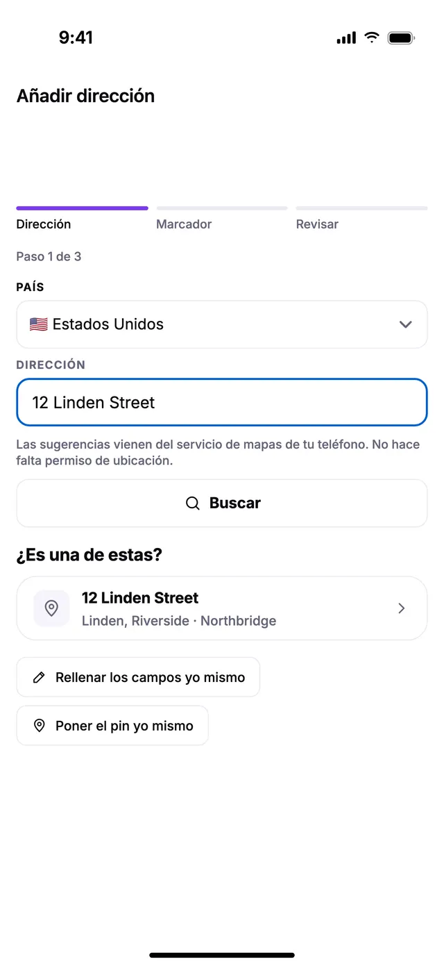 Añadir una dirección: la calle y el número, y luego el pin en la puerta.