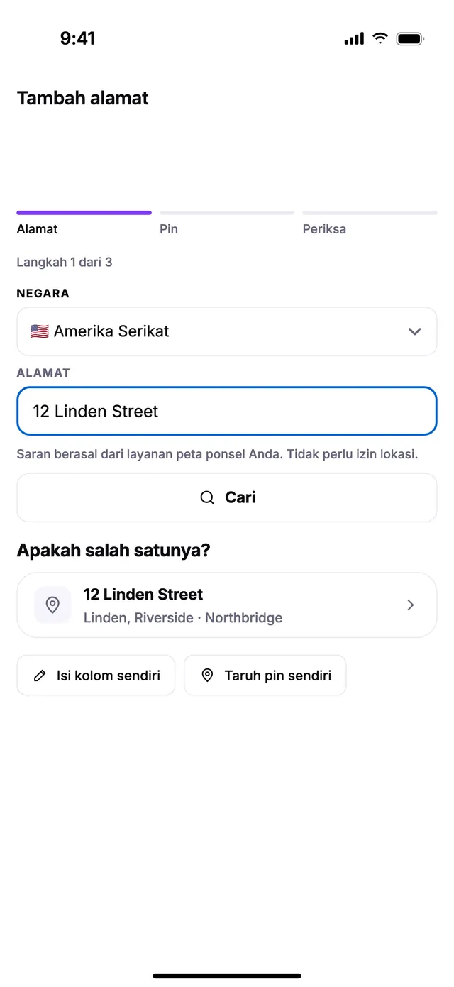 Menambah alamat: nama jalan dan nomor, lalu pin di pintu.