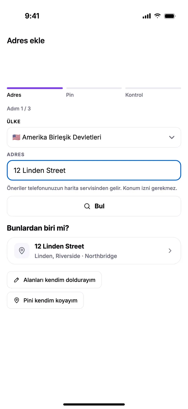 Adres ekleme: sokak ve numara, sonra kapıdaki iğne.