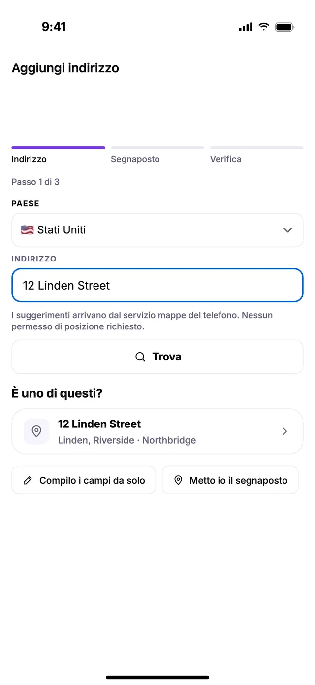 Aggiunta di un indirizzo: la via e il numero, poi il segnaposto sulla porta.