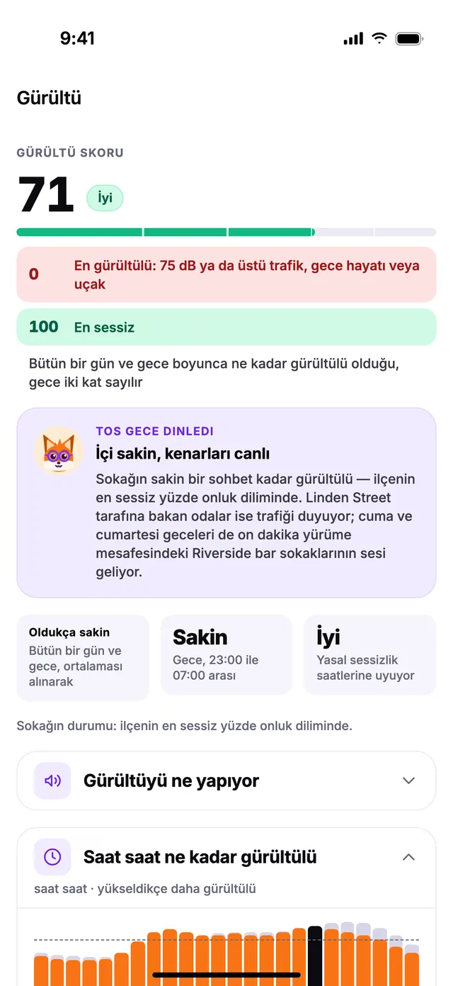 TownSpec'te Gürültü skoru ve saat saat grafiği.