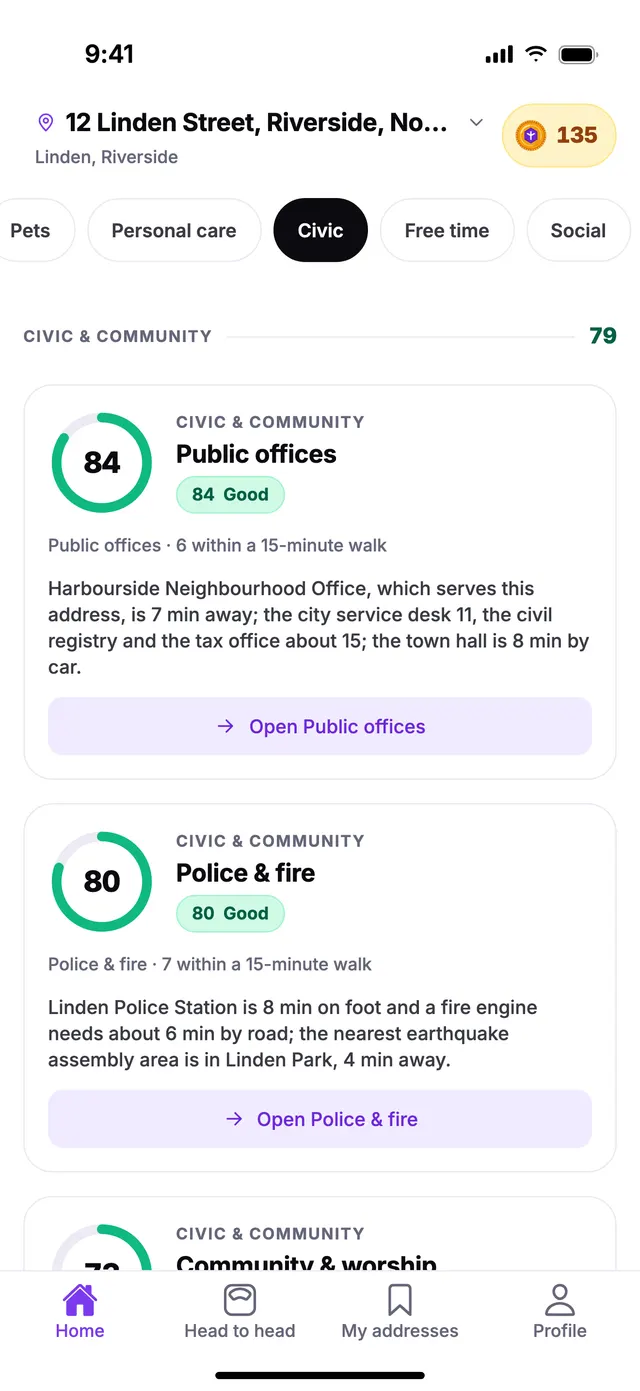 The Civic & community group on the Home screen of TownSpec, for an example address.