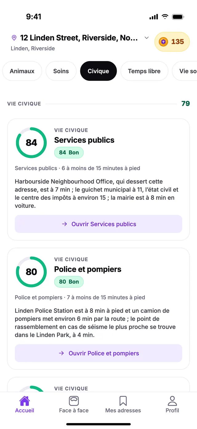 Le groupe Vie civique sur l’écran Accueil de TownSpec, pour une adresse d’exemple.
