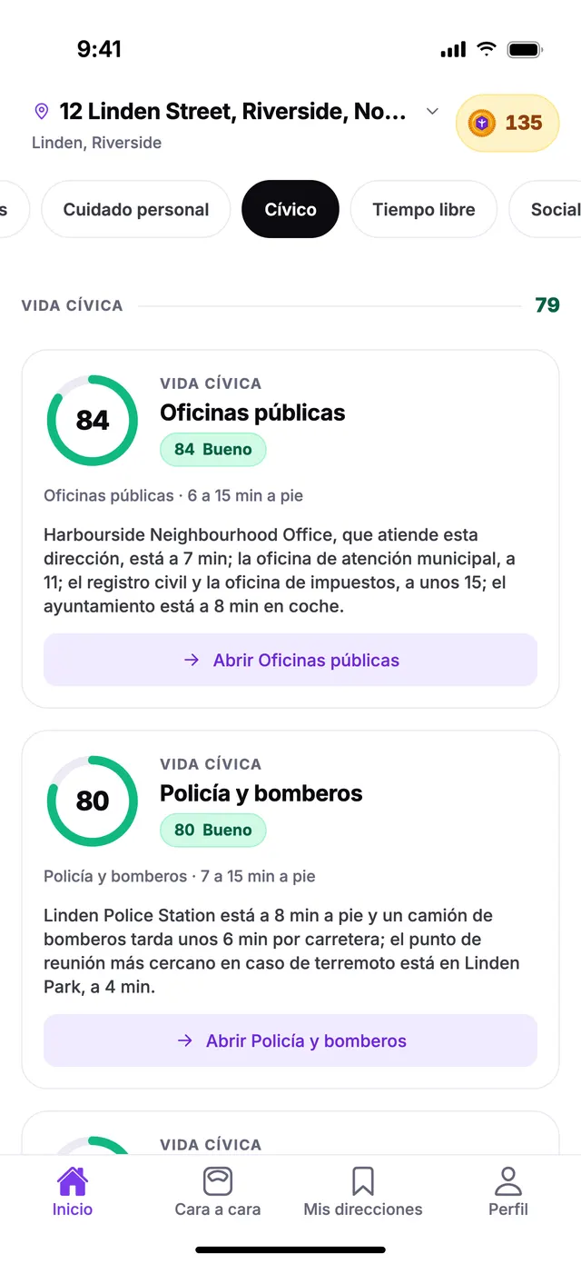 El grupo Vida cívica en la pantalla de Inicio de TownSpec, con una dirección de ejemplo.
