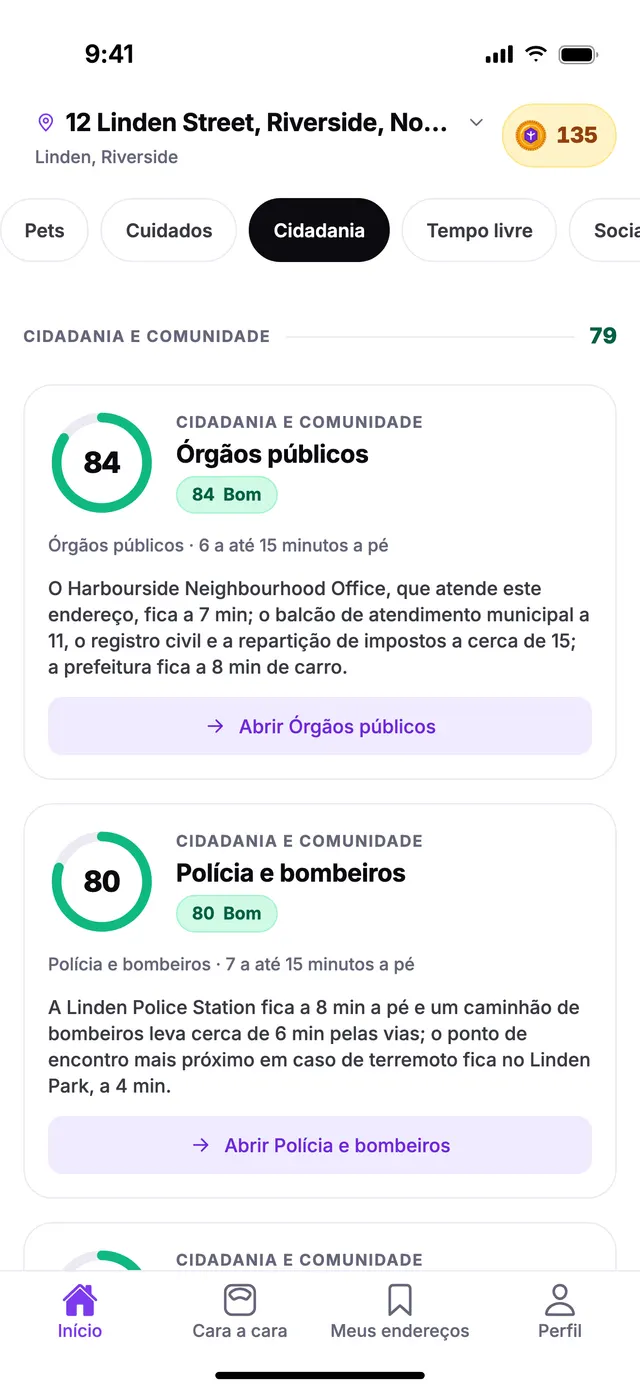 O grupo Cidadania e comunidade na tela Início do TownSpec, para um endereço de exemplo.