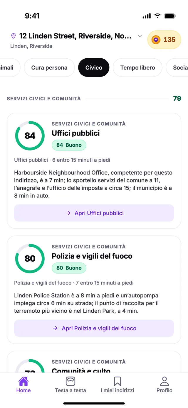 Il gruppo Servizi civici e comunità nella schermata Home di TownSpec, per un indirizzo di esempio.