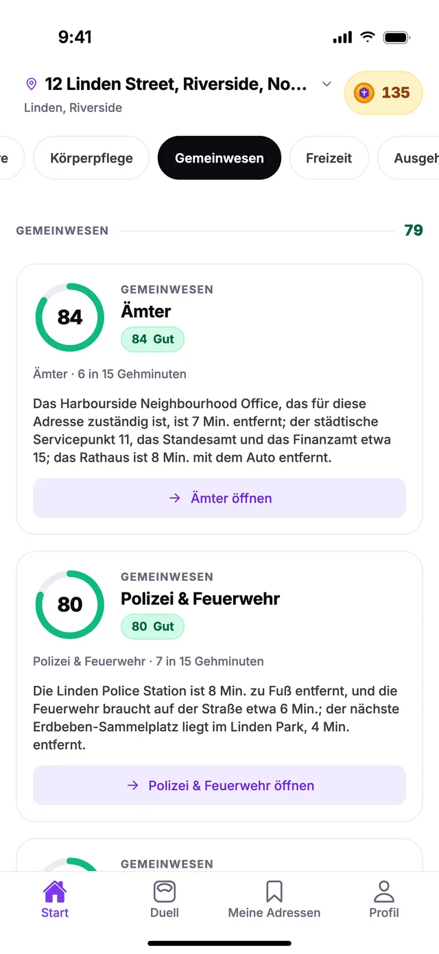 Die Gruppe Gemeinwesen auf dem Startbildschirm von TownSpec, für eine Beispieladresse.