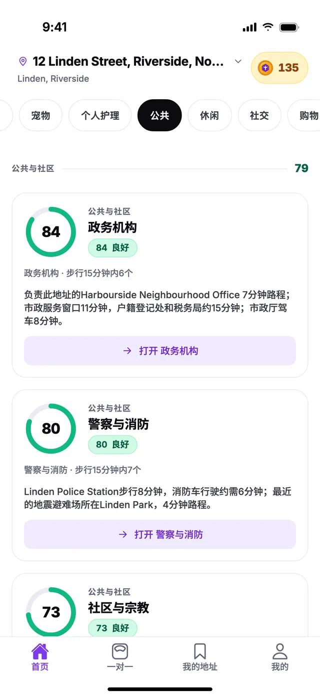 TownSpec 首页上，示例地址的公共与社区分组。