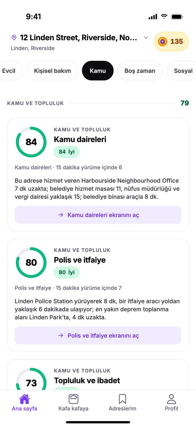 TownSpec Ana sayfasında Kamu ve topluluk grubu, örnek bir adres için.