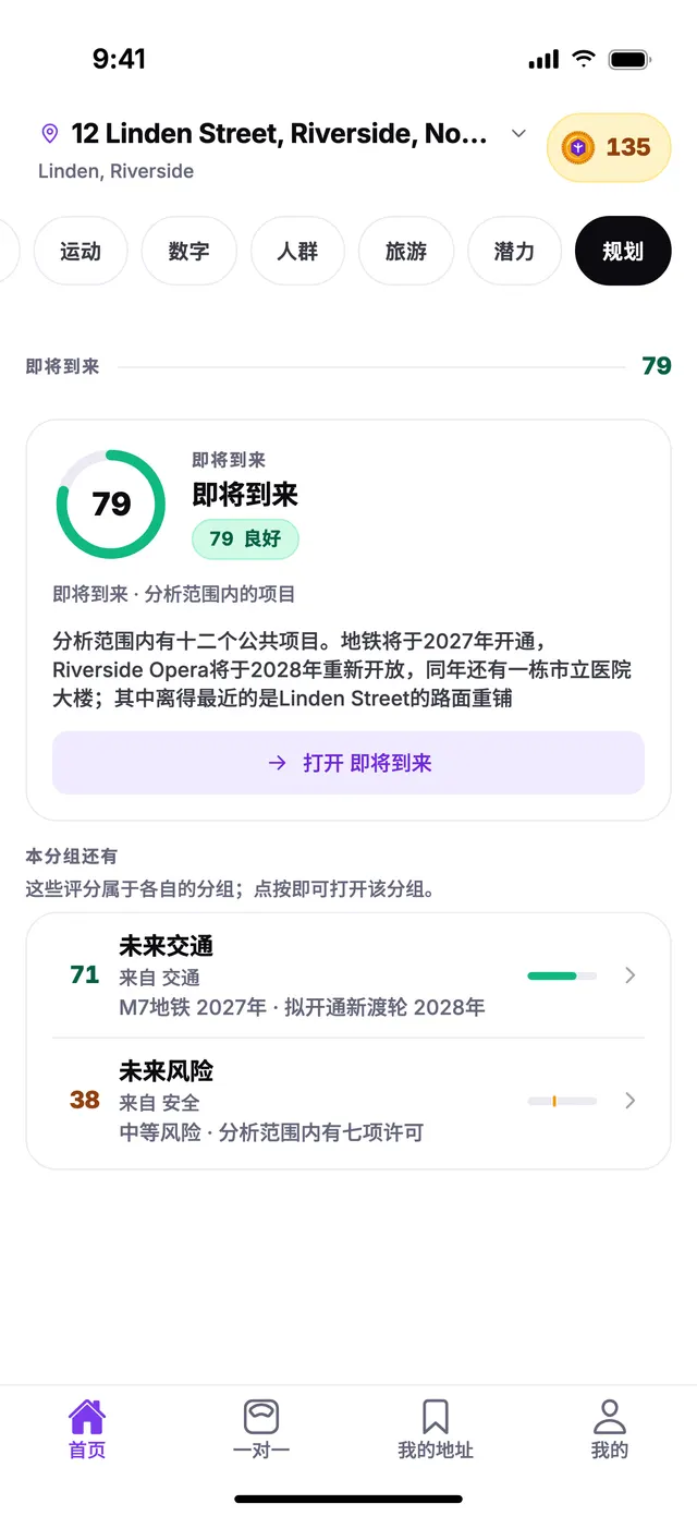 TownSpec 首页上，示例地址的即将到来分组。
