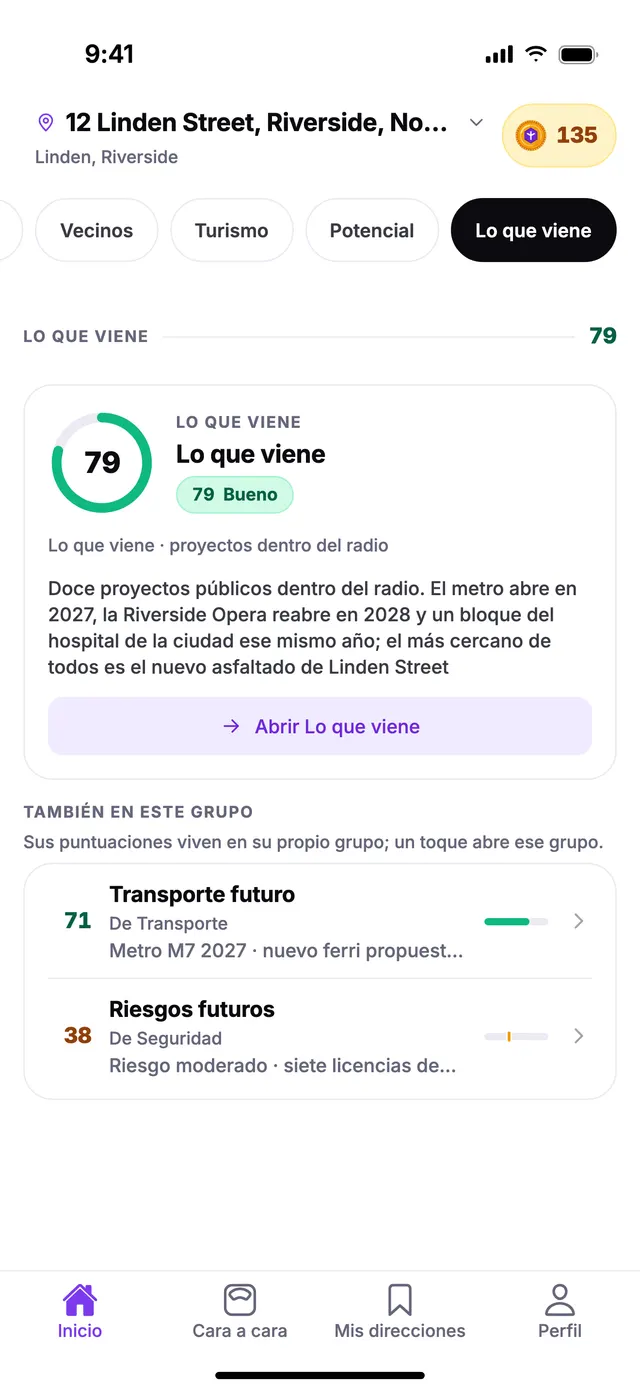El grupo Lo que viene en la pantalla de Inicio de TownSpec, con una dirección de ejemplo.