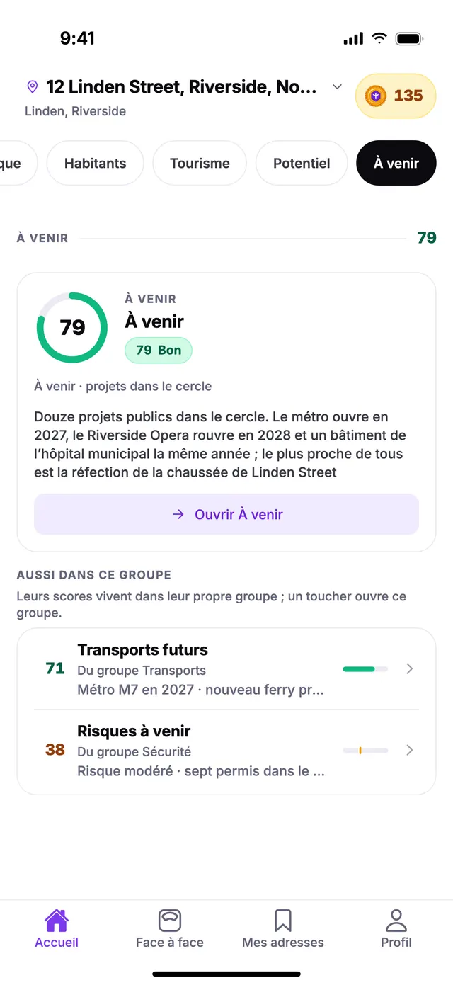 Le groupe À venir sur l’écran Accueil de TownSpec, pour une adresse d’exemple.