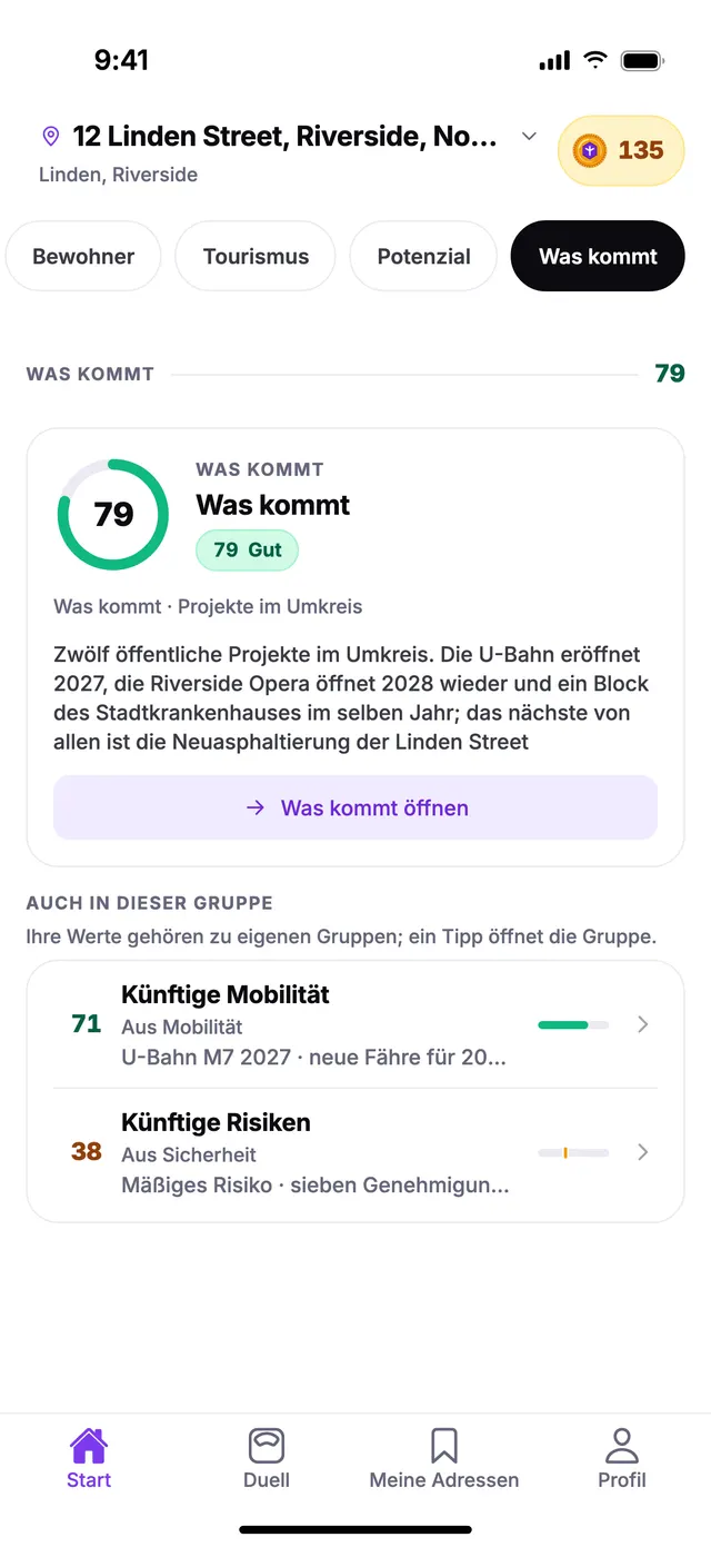Die Gruppe Was kommt auf dem Startbildschirm von TownSpec, für eine Beispieladresse.