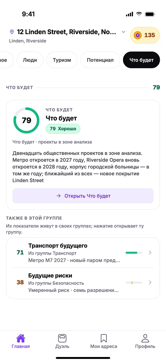 Группа «Что будет» на экране «Главная» в TownSpec для адреса из примера.