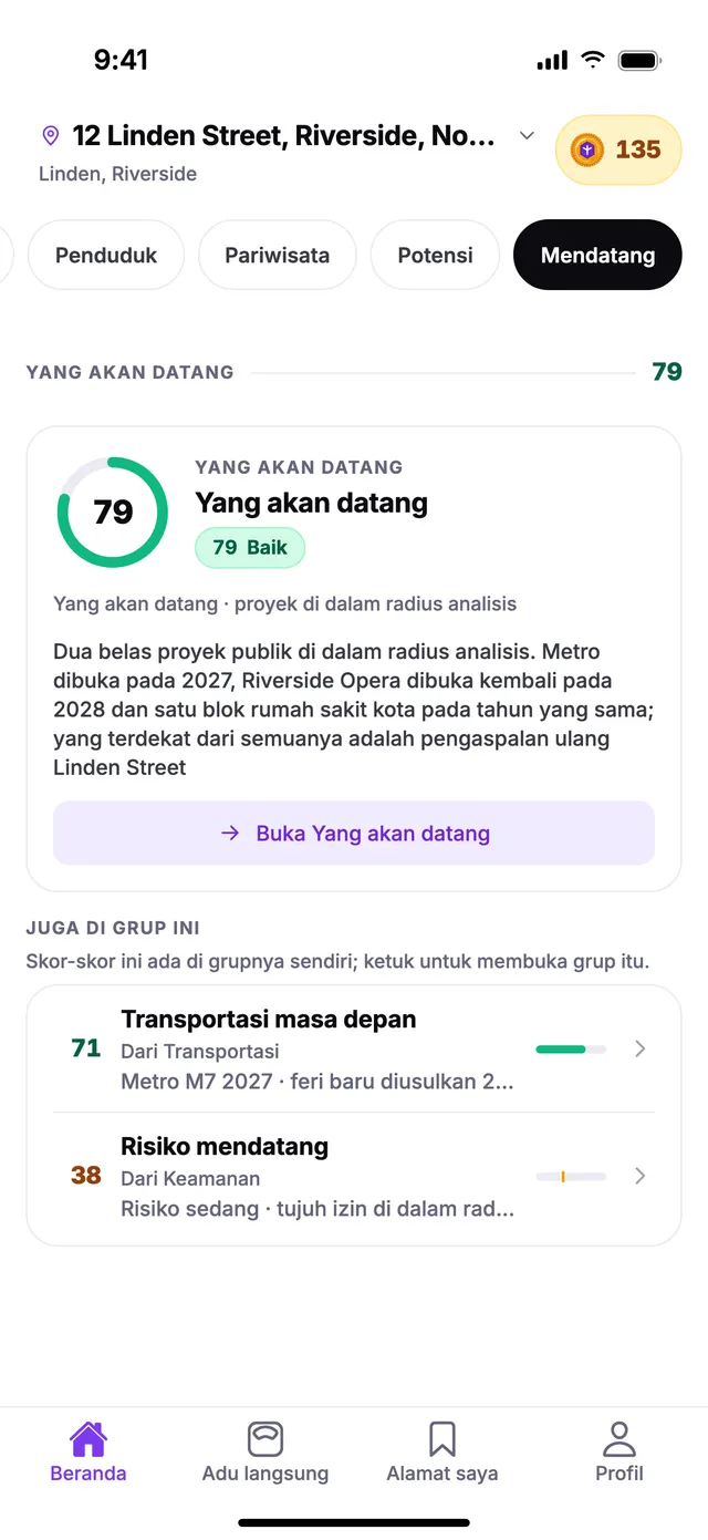 Grup Yang akan datang di layar Beranda TownSpec, untuk alamat contoh.