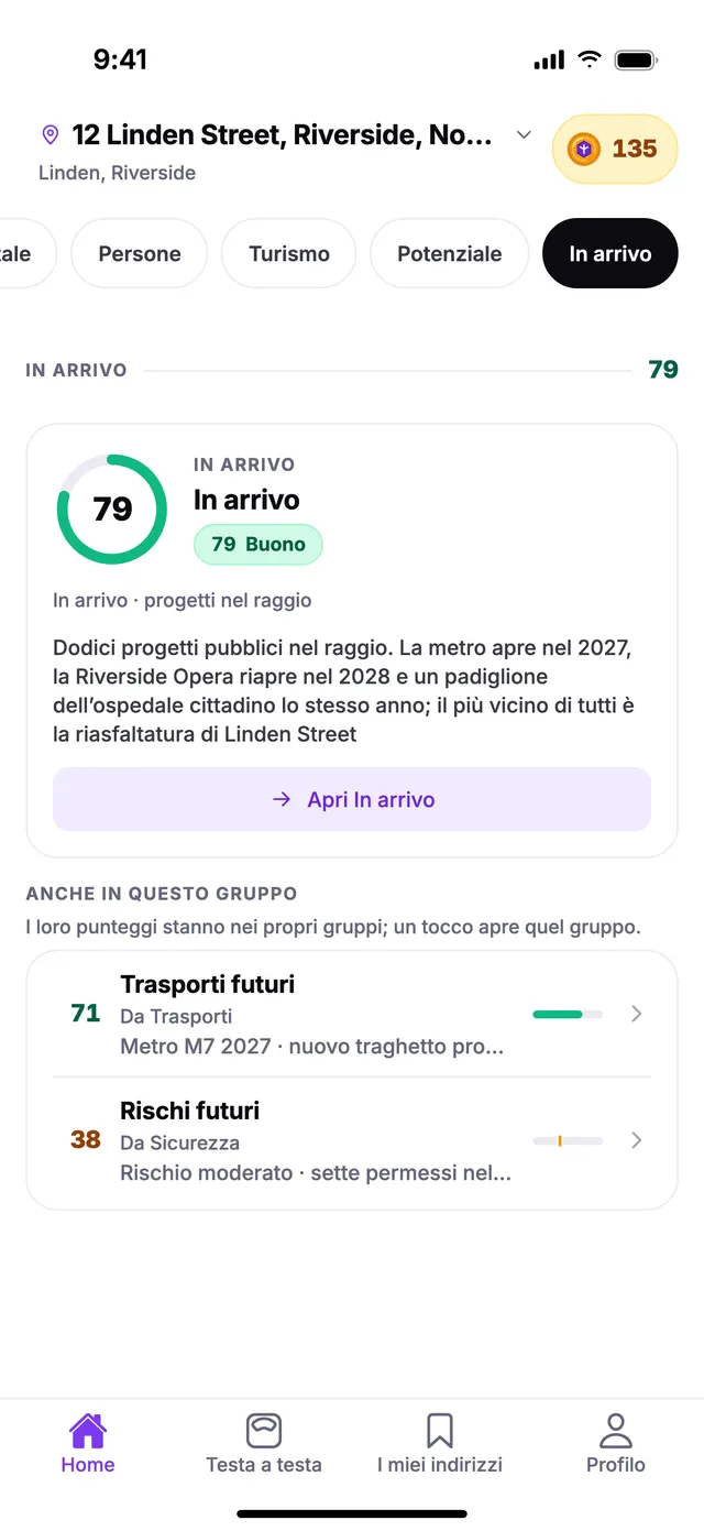 Il gruppo In arrivo nella schermata Home di TownSpec, per un indirizzo di esempio.