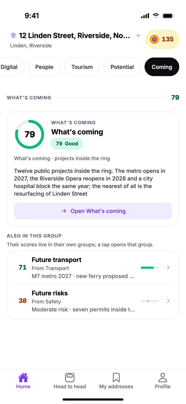 The What's coming group on the Home screen of TownSpec, for an example address.