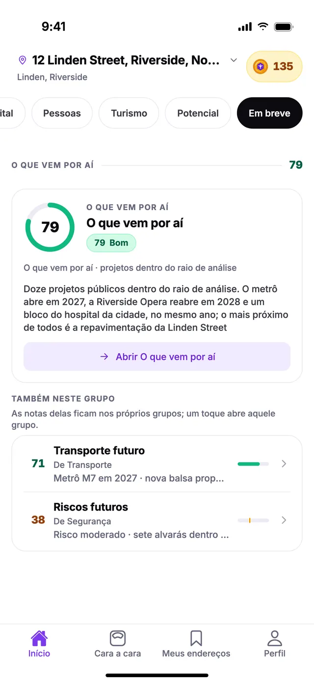 O grupo O que vem por aí na tela Início do TownSpec, para um endereço de exemplo.