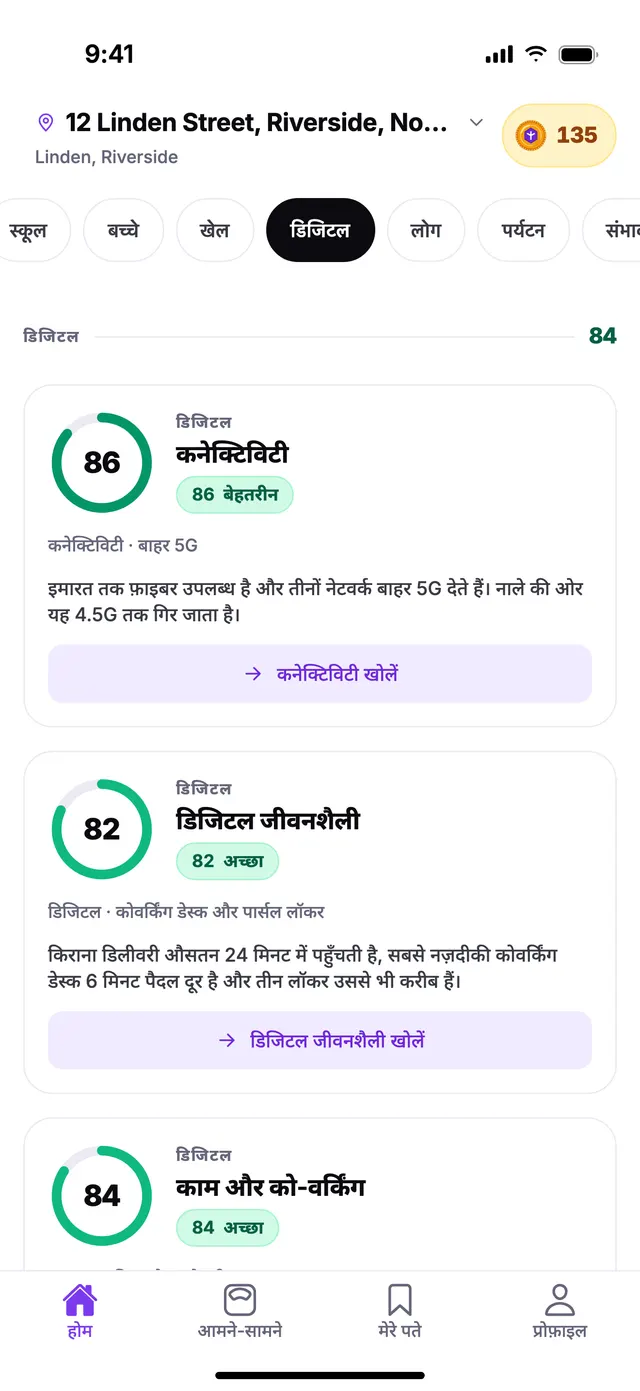 TownSpec की होम स्क्रीन पर डिजिटल समूह, एक उदाहरण पते के लिए।