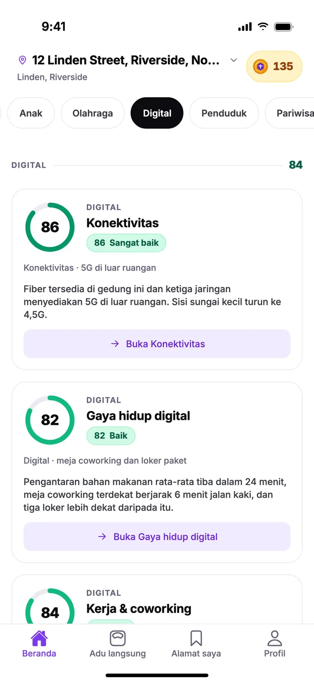 Grup Digital di layar Beranda TownSpec, untuk alamat contoh.