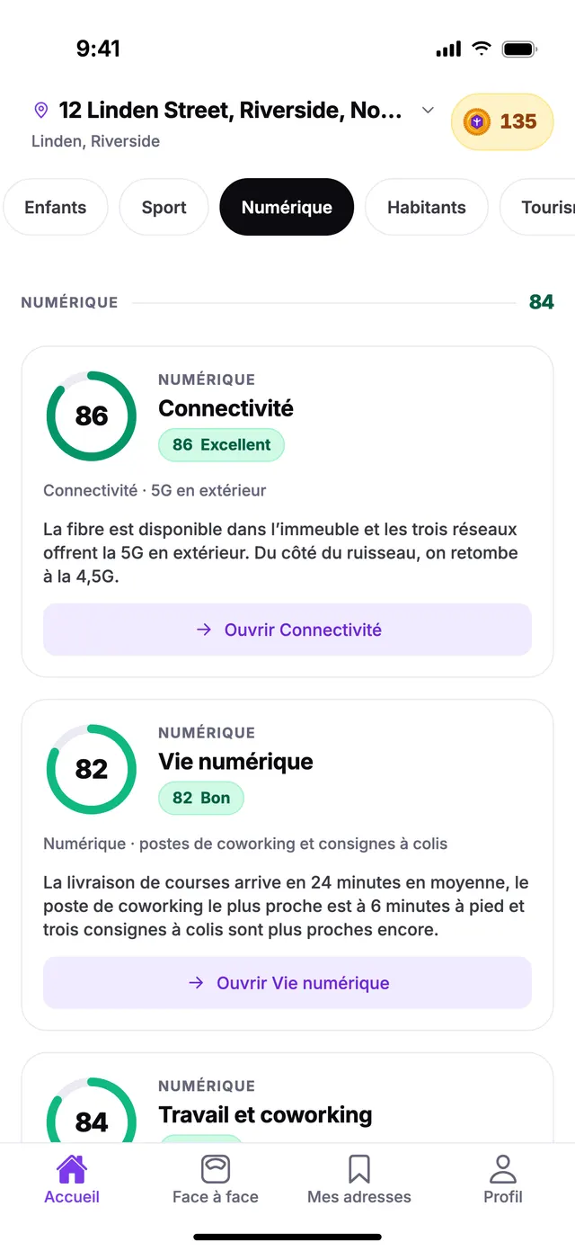 Le groupe Numérique sur l’écran Accueil de TownSpec, pour une adresse d’exemple.