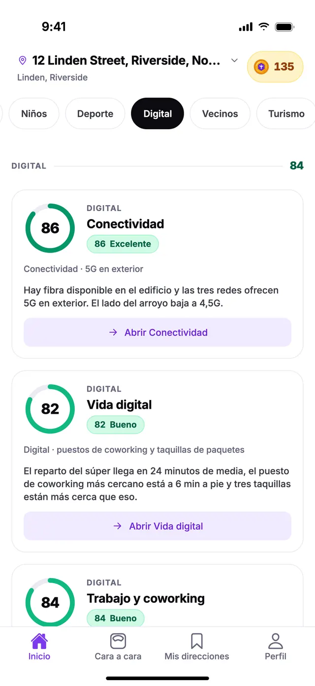 El grupo Digital en la pantalla de Inicio de TownSpec, con una dirección de ejemplo.