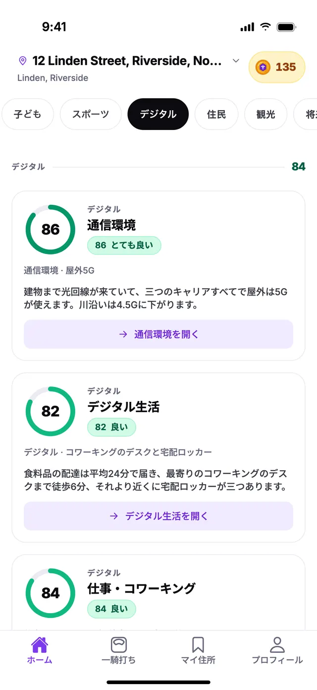 TownSpecのホーム画面にあるデジタルグループ。サンプル住所での表示例です。
