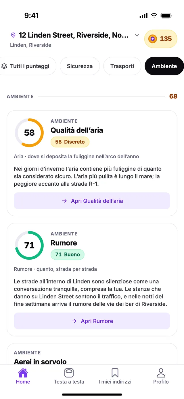 Il gruppo Ambiente nella schermata Home di TownSpec, per un indirizzo di esempio.