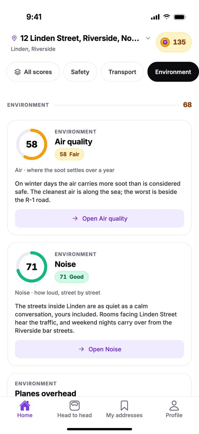 The Environment group on the Home screen of TownSpec, for an example address.