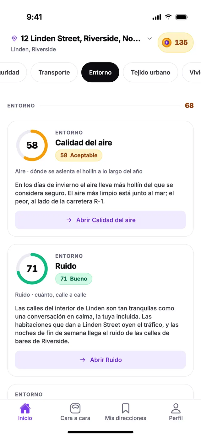 El grupo Entorno en la pantalla de Inicio de TownSpec, con una dirección de ejemplo.