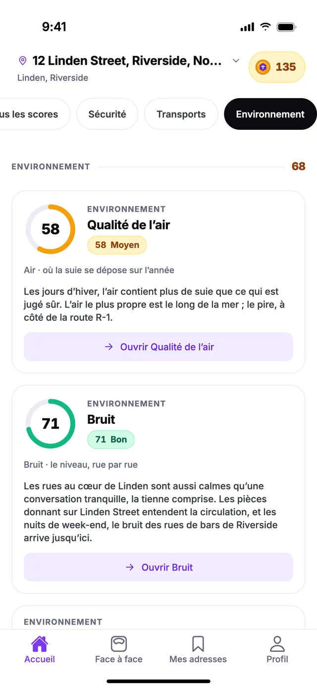 Le groupe Environnement sur l’écran Accueil de TownSpec, pour une adresse d’exemple.