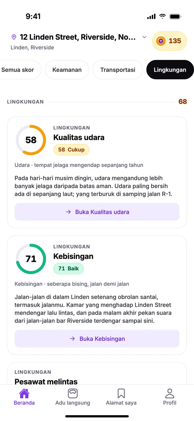 Grup Lingkungan di layar Beranda TownSpec, untuk alamat contoh.