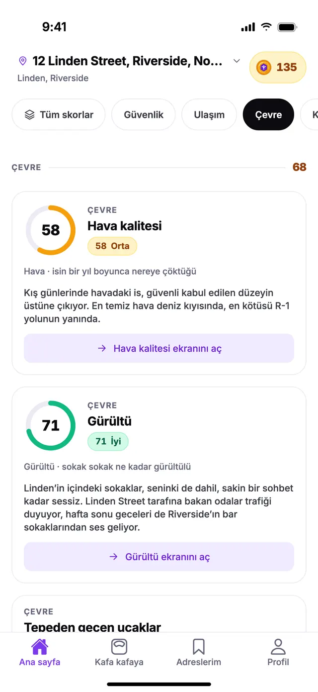 TownSpec Ana sayfasında Çevre grubu, örnek bir adres için.