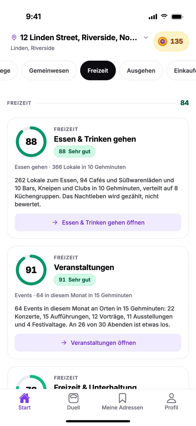 Die Gruppe Freizeit auf dem Startbildschirm von TownSpec, für eine Beispieladresse.