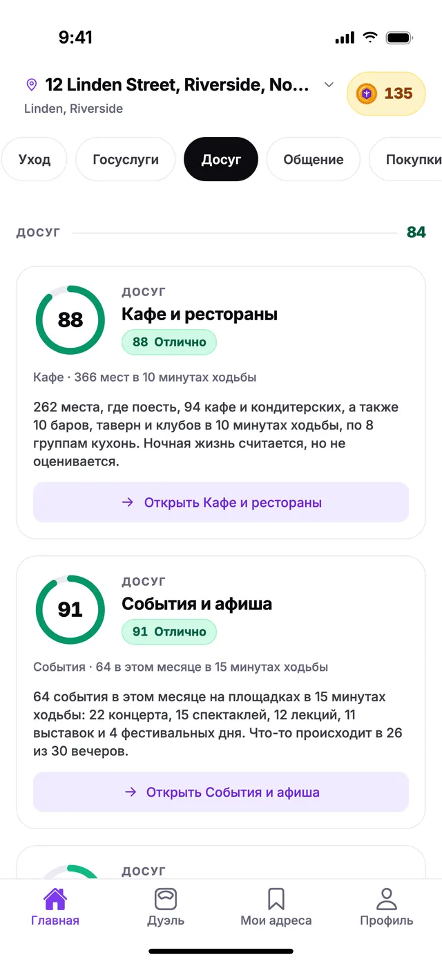 Группа «Досуг» на экране «Главная» в TownSpec для адреса из примера.