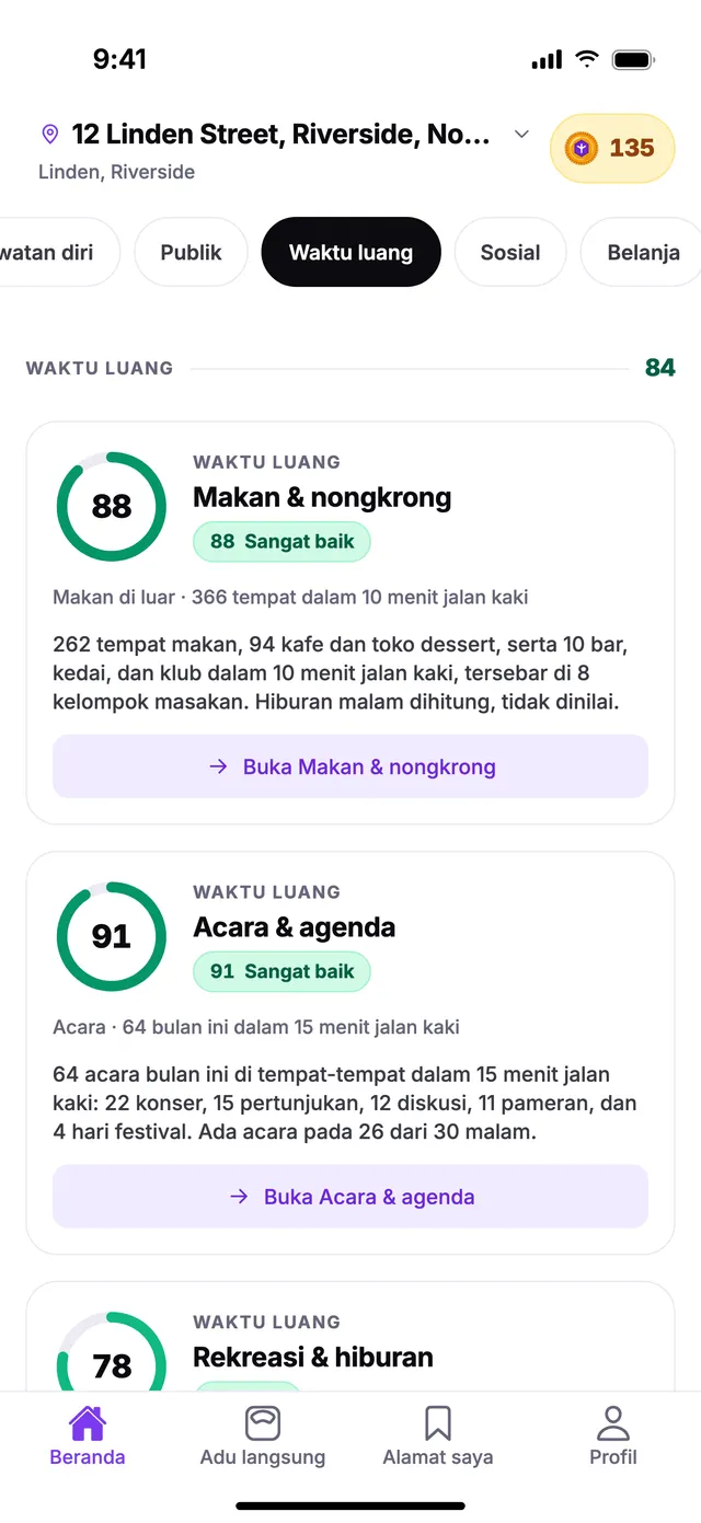 Grup Waktu luang di layar Beranda TownSpec, untuk alamat contoh.