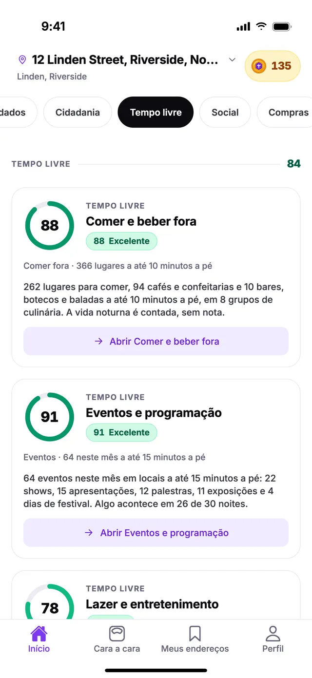 O grupo Tempo livre na tela Início do TownSpec, para um endereço de exemplo.