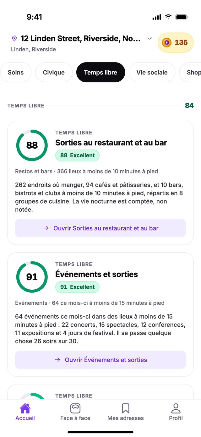 Le groupe Temps libre sur l’écran Accueil de TownSpec, pour une adresse d’exemple.