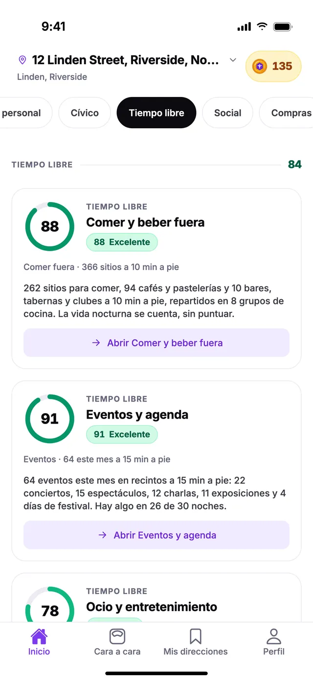 El grupo Tiempo libre en la pantalla de Inicio de TownSpec, con una dirección de ejemplo.