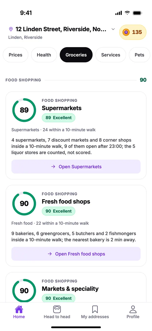 The Food shopping group on the Home screen of TownSpec, for an example address.