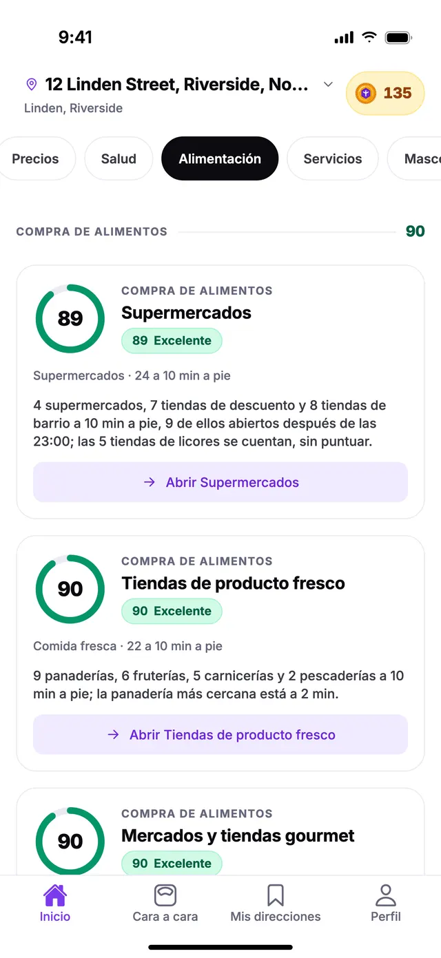 El grupo Compra de alimentos en la pantalla de Inicio de TownSpec, con una dirección de ejemplo.