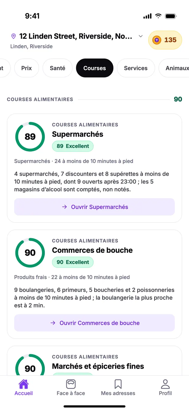 Le groupe Courses alimentaires sur l’écran Accueil de TownSpec, pour une adresse d’exemple.