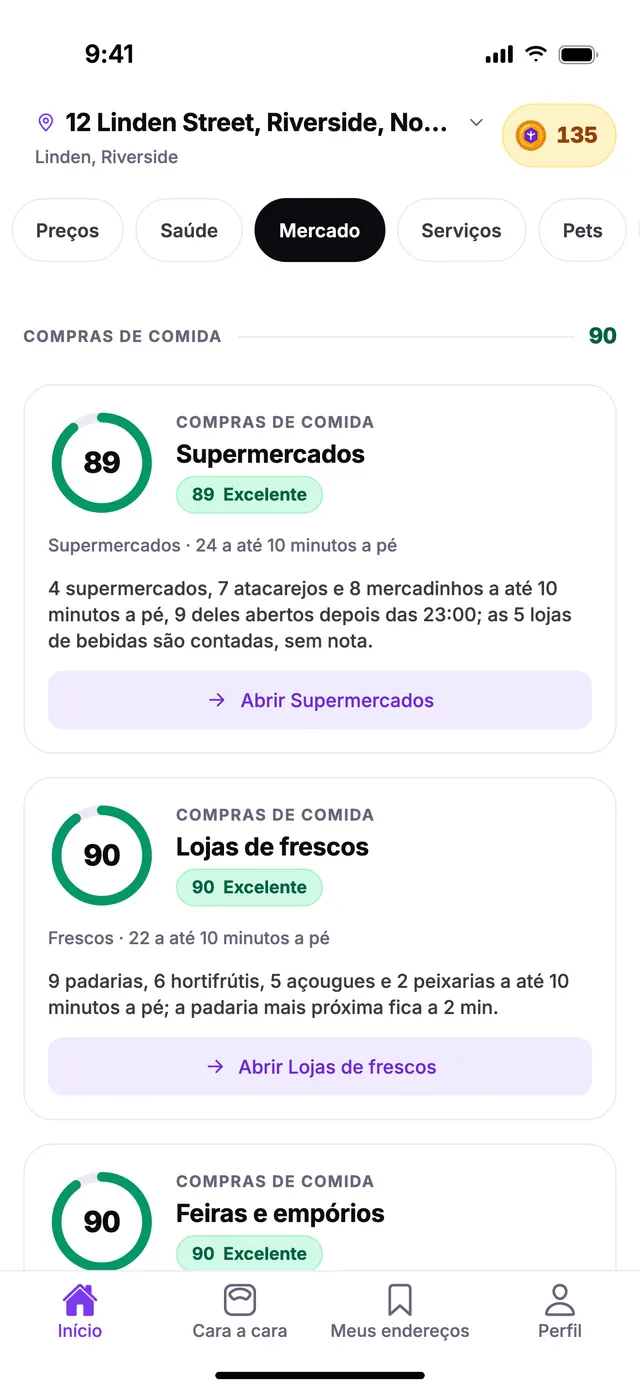 O grupo Compras de comida na tela Início do TownSpec, para um endereço de exemplo.