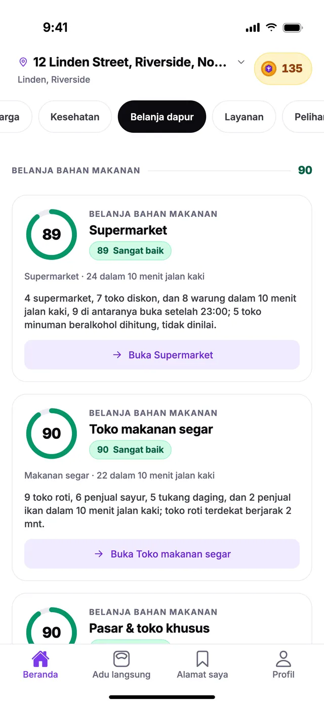 Grup Belanja bahan makanan di layar Beranda TownSpec, untuk alamat contoh.