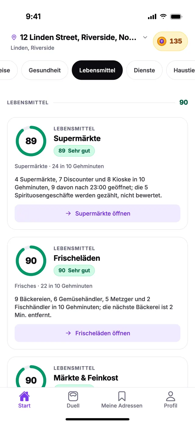 Die Gruppe Lebensmittel auf dem Startbildschirm von TownSpec, für eine Beispieladresse.