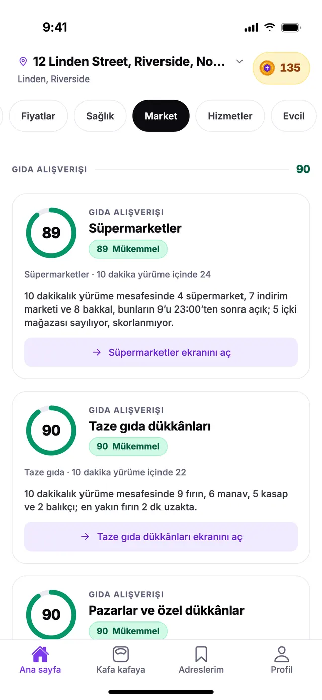 TownSpec Ana sayfasında Gıda alışverişi grubu, örnek bir adres için.