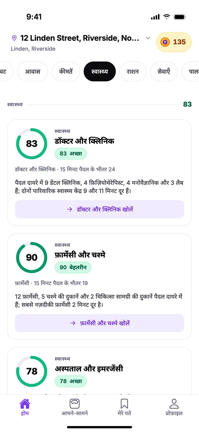 TownSpec की होम स्क्रीन पर स्वास्थ्य समूह, एक उदाहरण पते के लिए।
