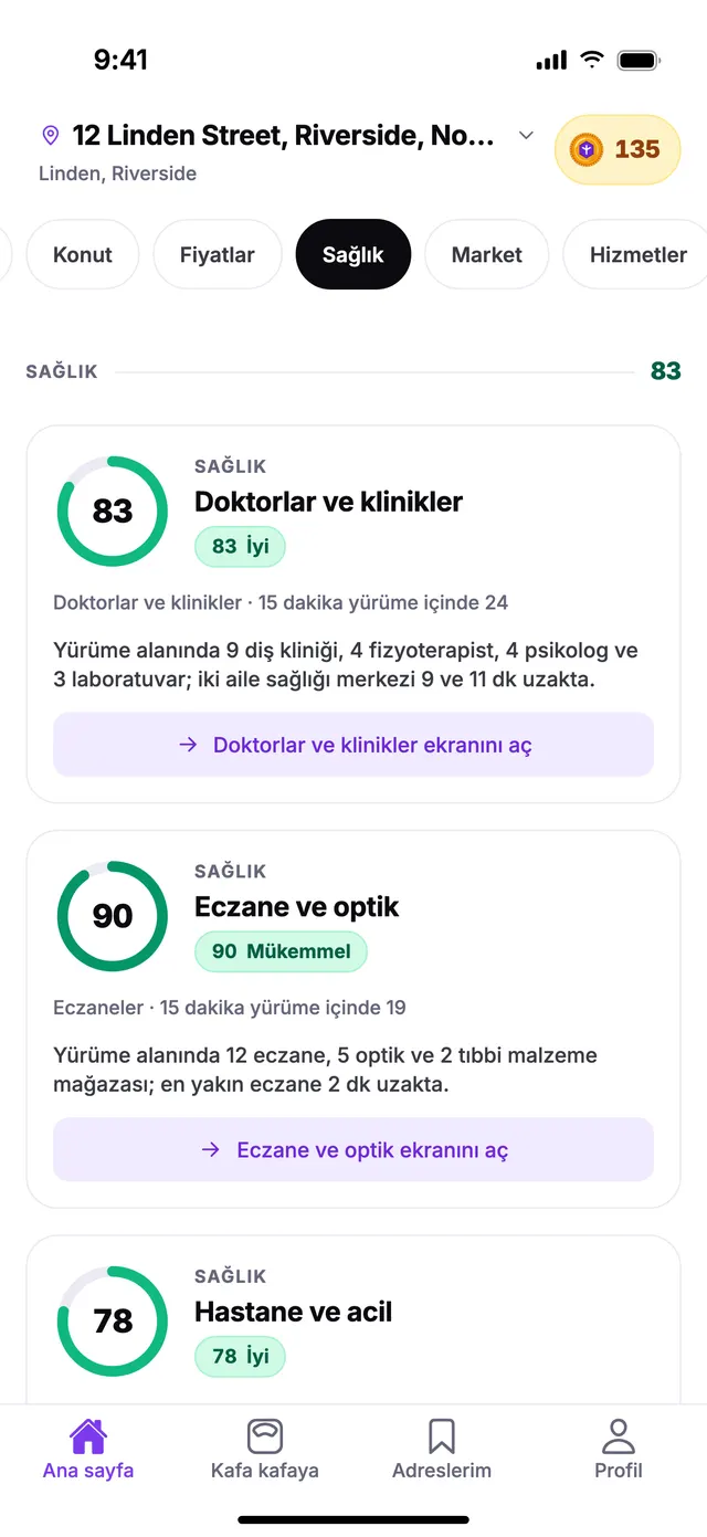 TownSpec Ana sayfasında Sağlık grubu, örnek bir adres için.